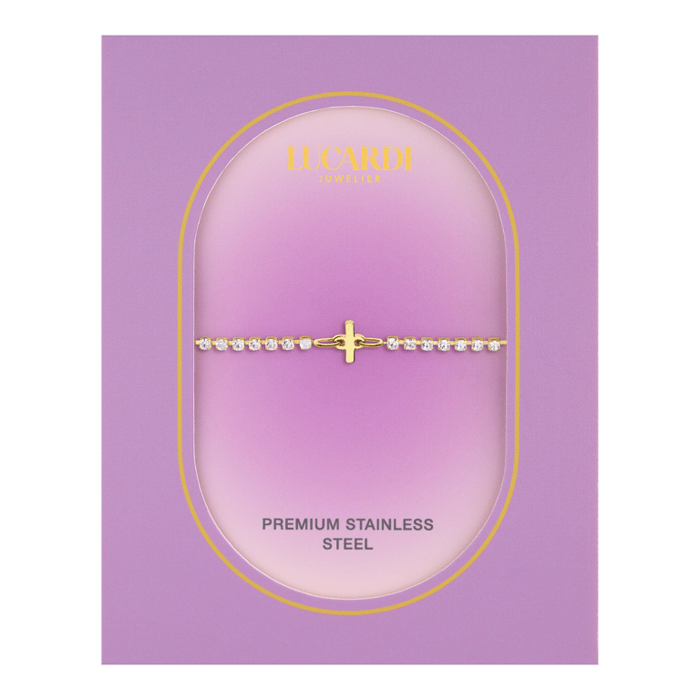 Stalen goldplated tennis armband wit cz letter - I