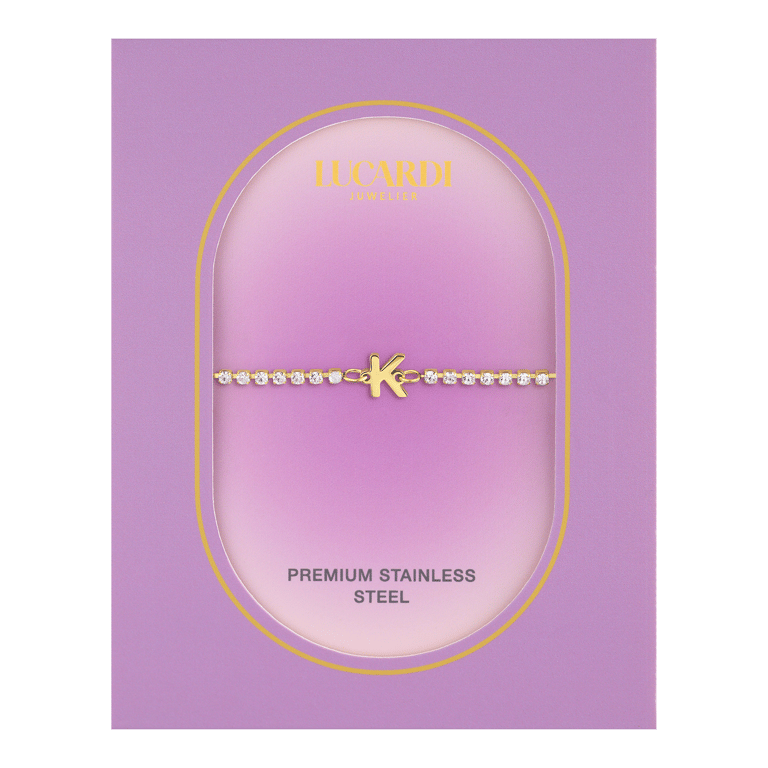 Stalen goldplated fantasiearmband met letterhanger K met zirkonia voor dames