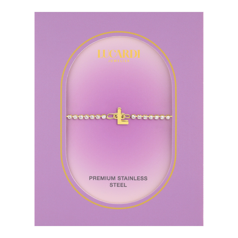 Stalen goldplated tennis armband wit cz letter - L