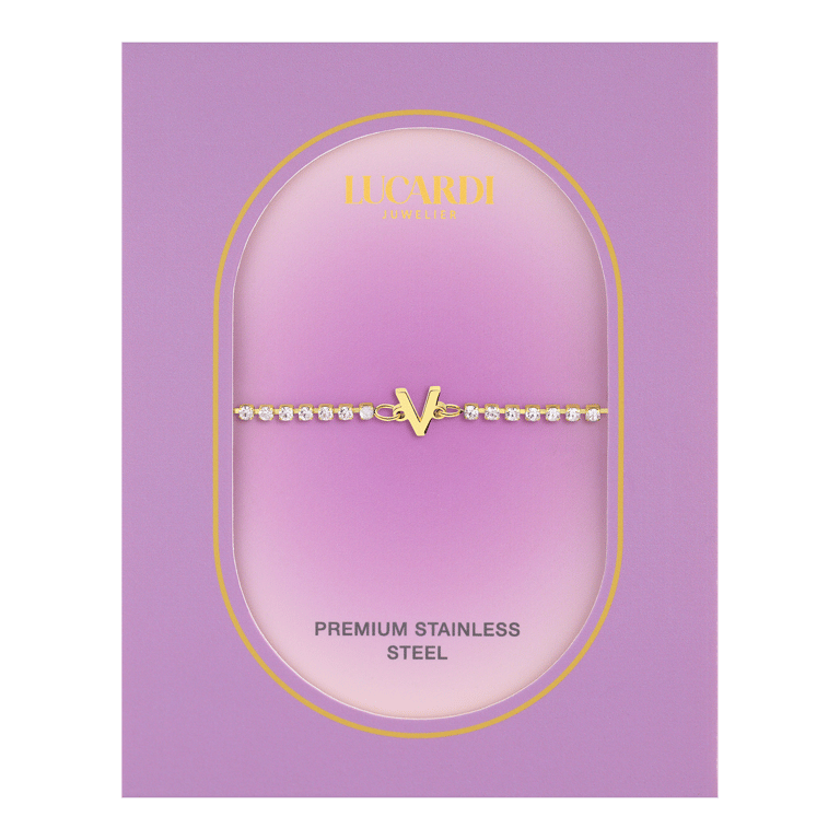 Stalen goldplated fantasiearmband met letterhanger V met zirkonia voor dames