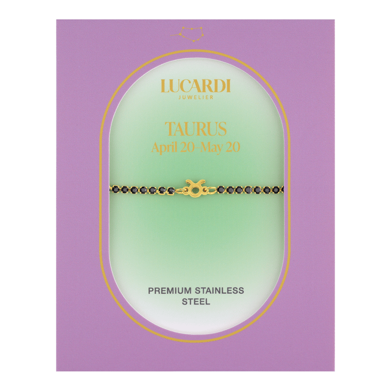 Stalen goldplated fantasiearmband met sterrenbeeldhanger Stier met zirkonia voor dames