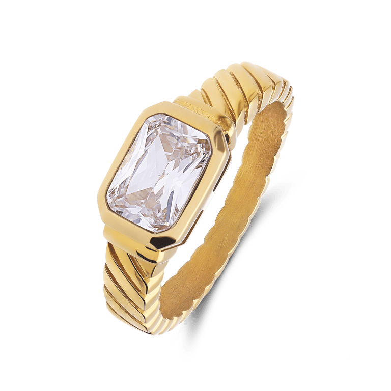 Stalen goldplated vintage ring met wit zirkonia