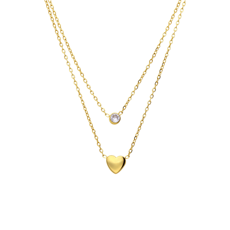 Stalen goldplated ketting met hanger hart met zirkonia voor dames