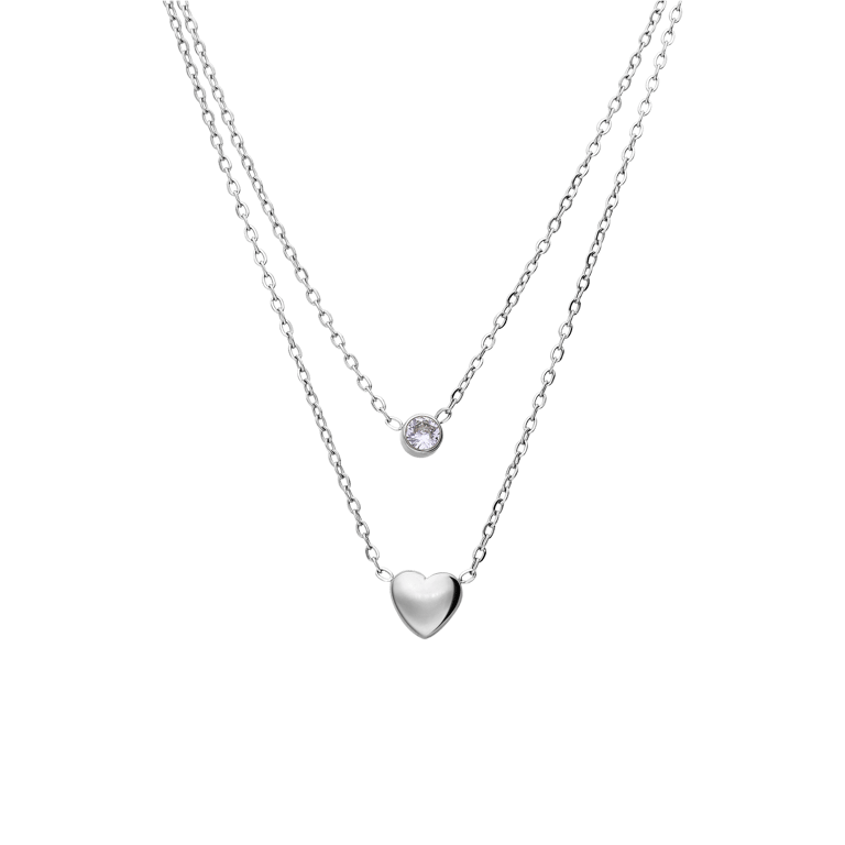 Stalen ketting dubbel met hart en zirkonia