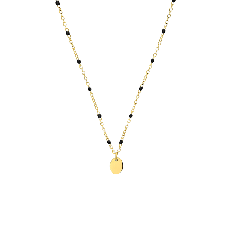 Stalen goldplated ketting met zwarte emaille en een ovale graveer hanger