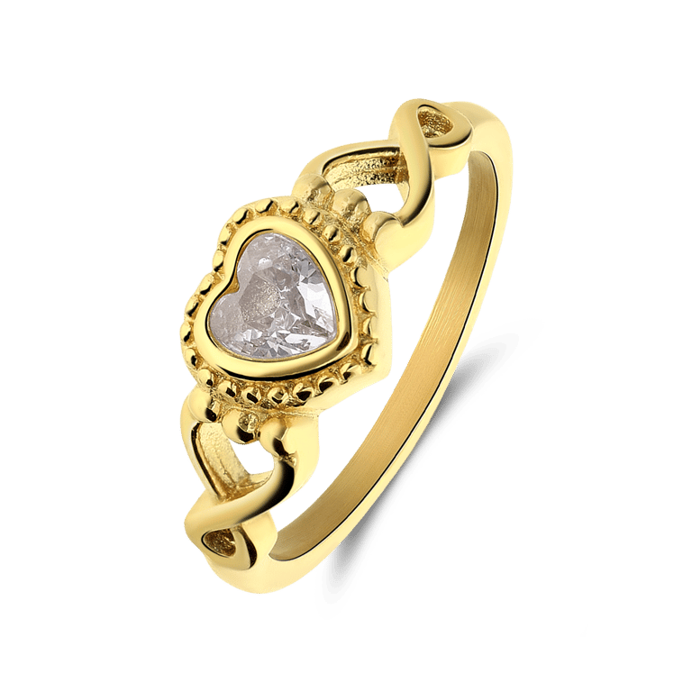Stainless steel goldplated vintage ring met hart wit