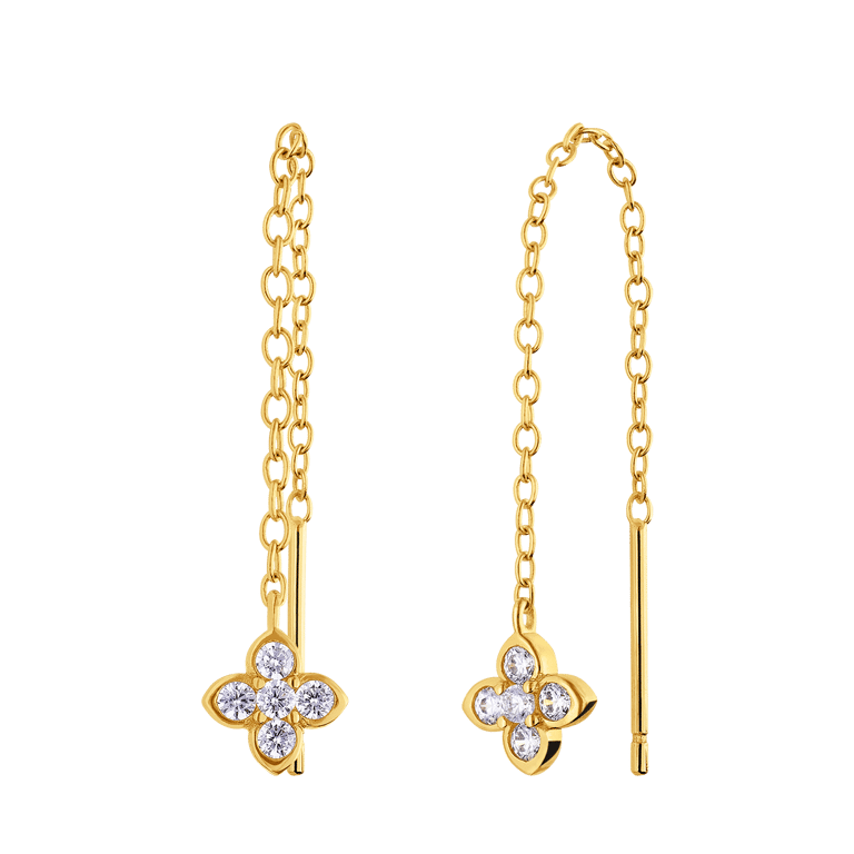 Zilveren goldplated doortrek oorbellen bloem met zirkonia voor dames