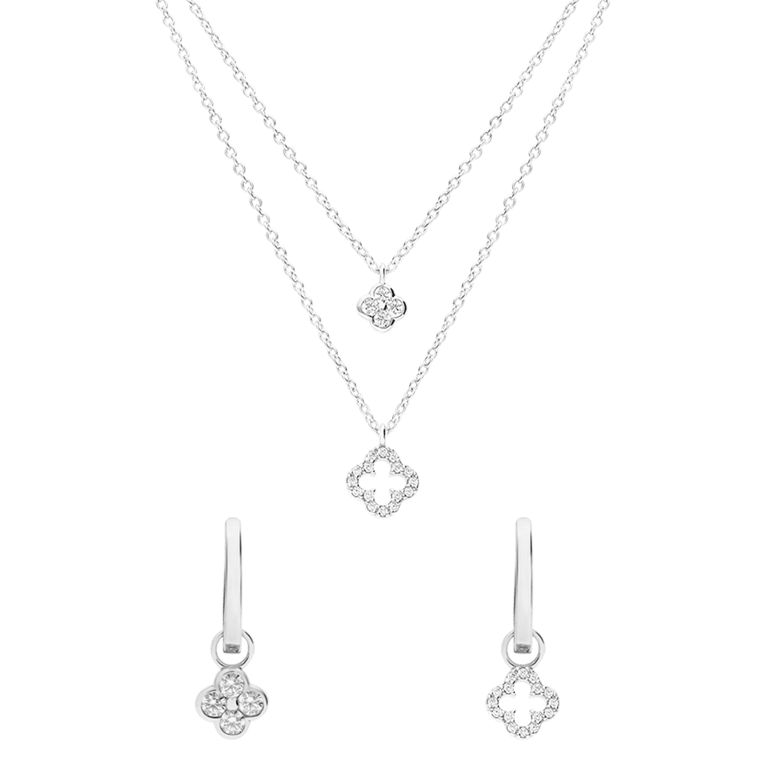 Schmuckset aus Halskette und Ohrringen, 925er Silber, Kleeblatt, Zirkonia