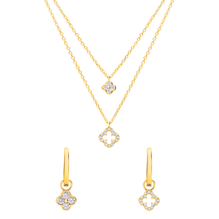 Zilveren goldplated sieradenset klaver en zirkonia voor dames