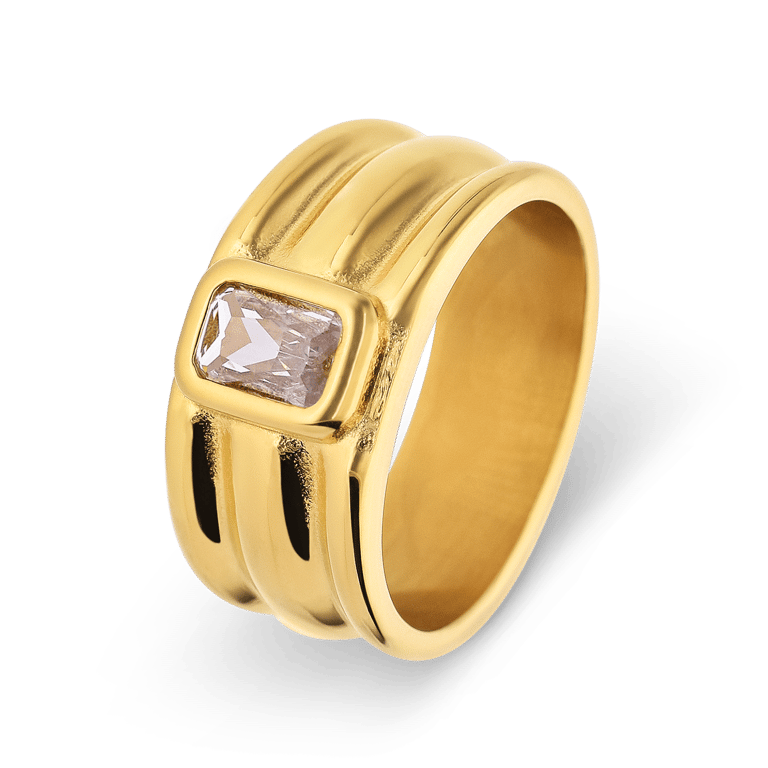 Stainless steel goldplated ring met wit zirkonia