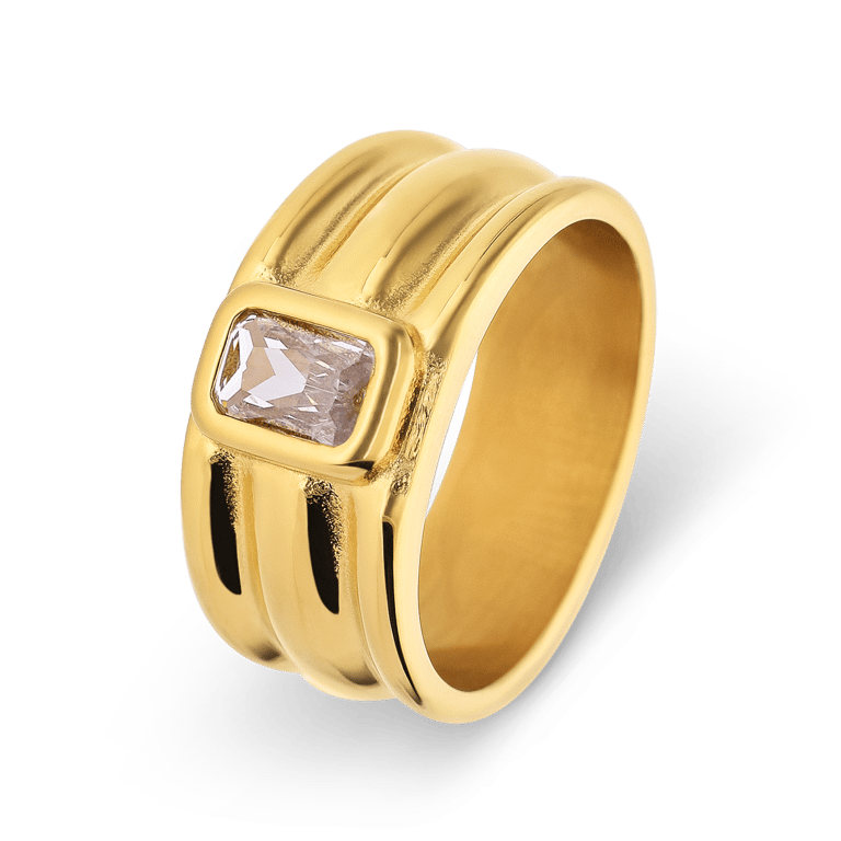 Stalen goldplated ring met wit zirkonia