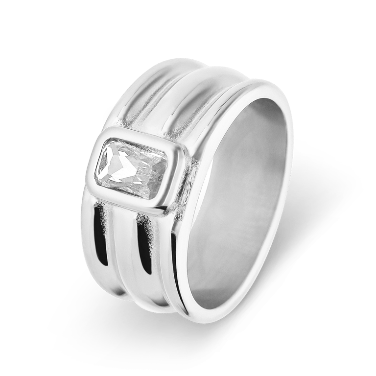 Stalen ring met wit zirkonia