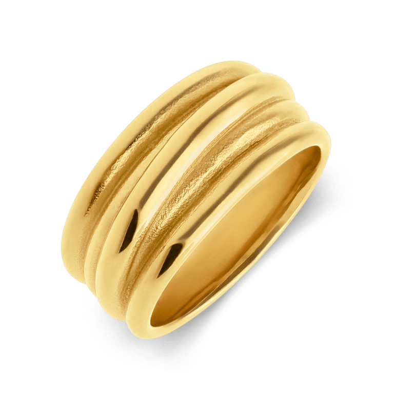 Stalen goldplated ring met ribbels smal