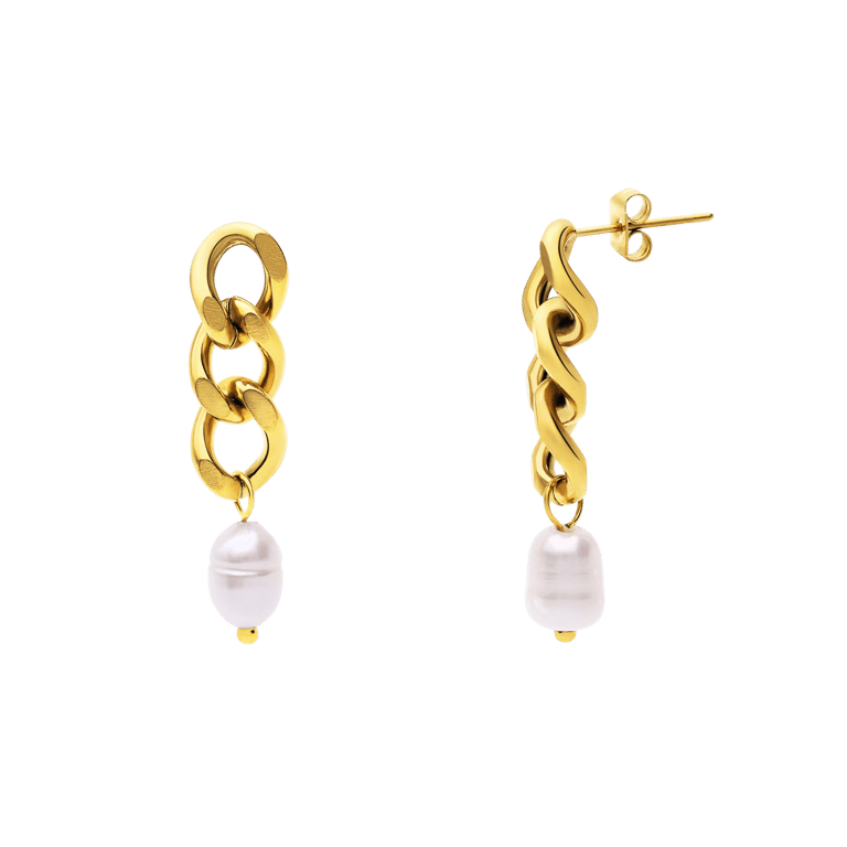 Stalen goldplated oorhangers gourmet met parel voor dames