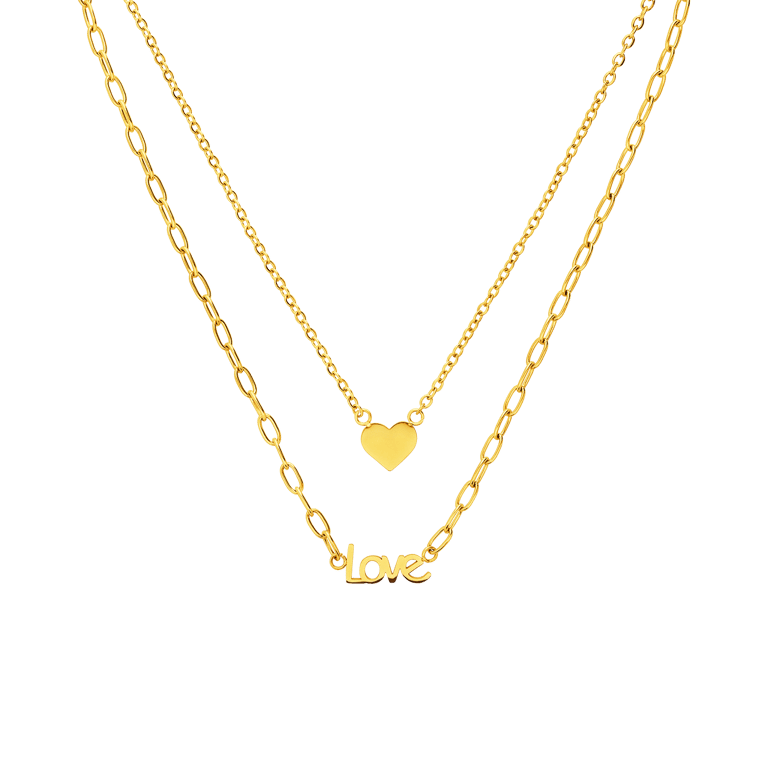 Stalen goldplated dubbele ketting met hanger hart en love voor dames