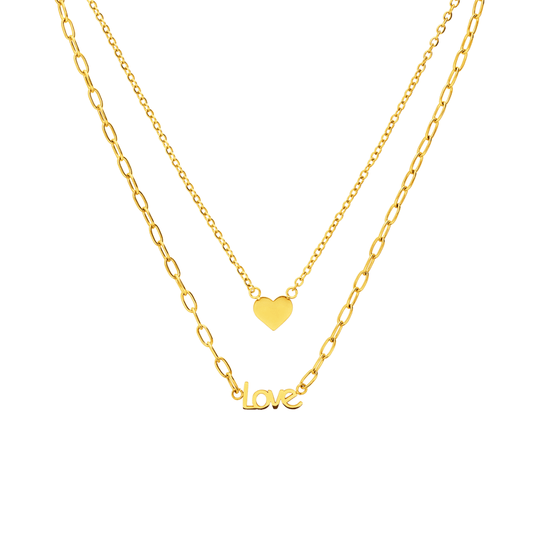 Stalen goldplated ketting met een hartje en love