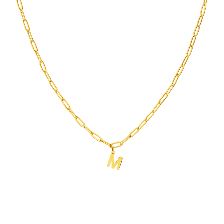 Halskette aus Edelstahl, vergoldet, Closed-Forever-Glied, Buchstabe „M“