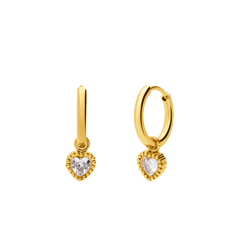 Stalen goldplated oorbellen hart met zirkonia