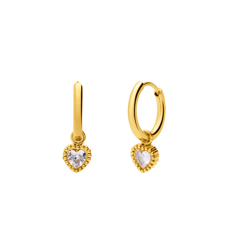 Stalen goldplated oorringhangers met hanger hart met zirkonia voor dames