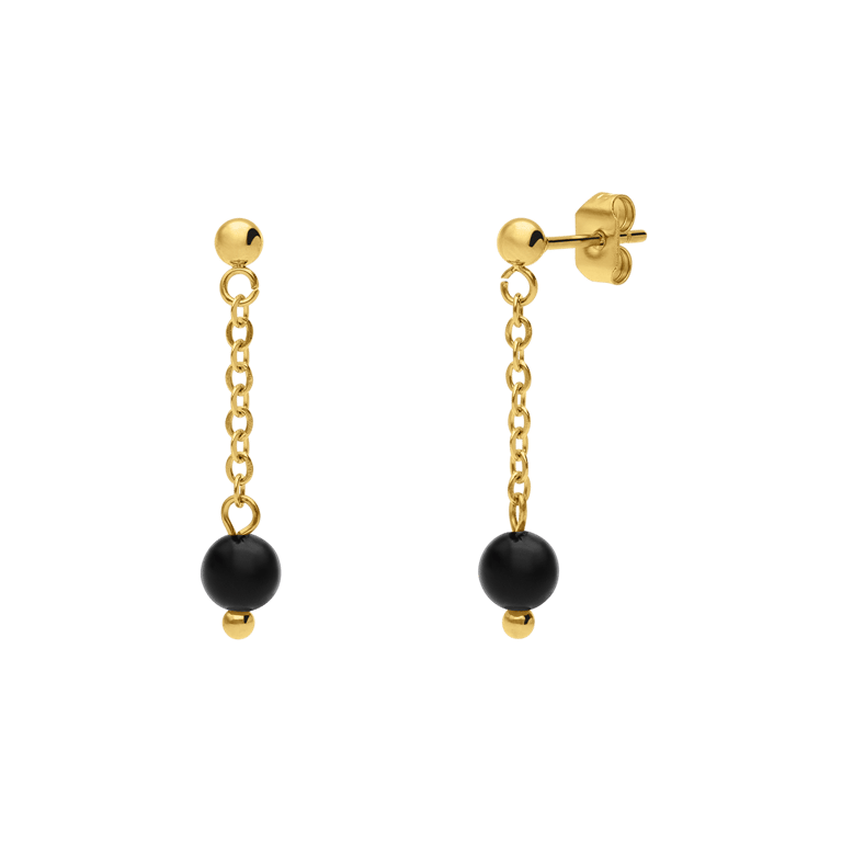 Stalen goldplated oorbellen gemstone Black Agate