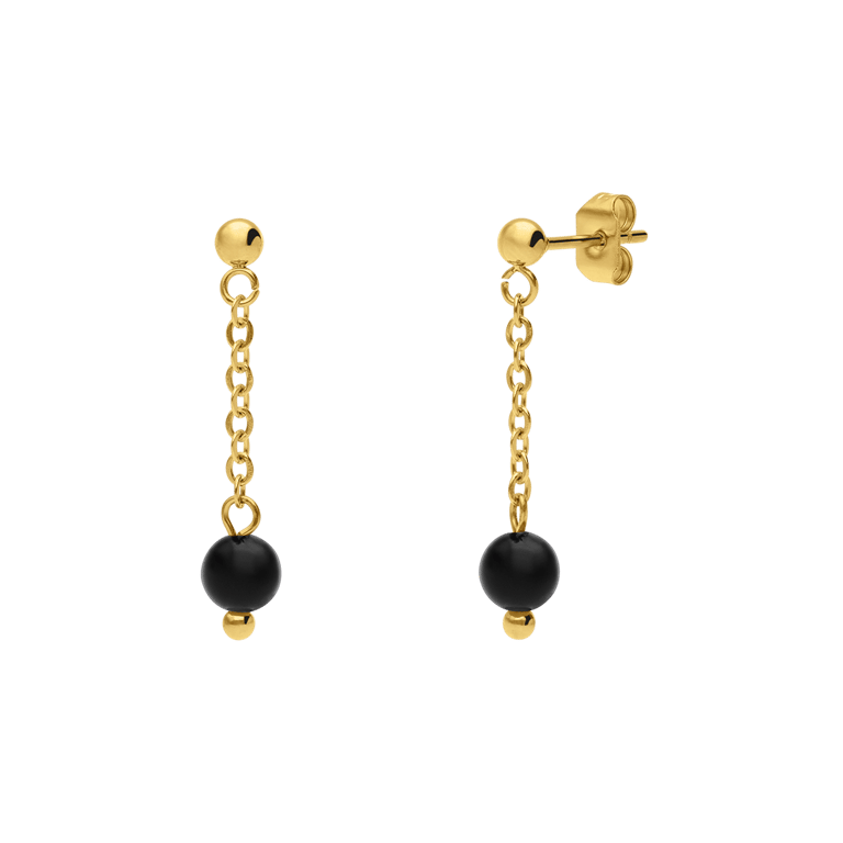 Stalen goldplated oorknoppen met black agate voor dames