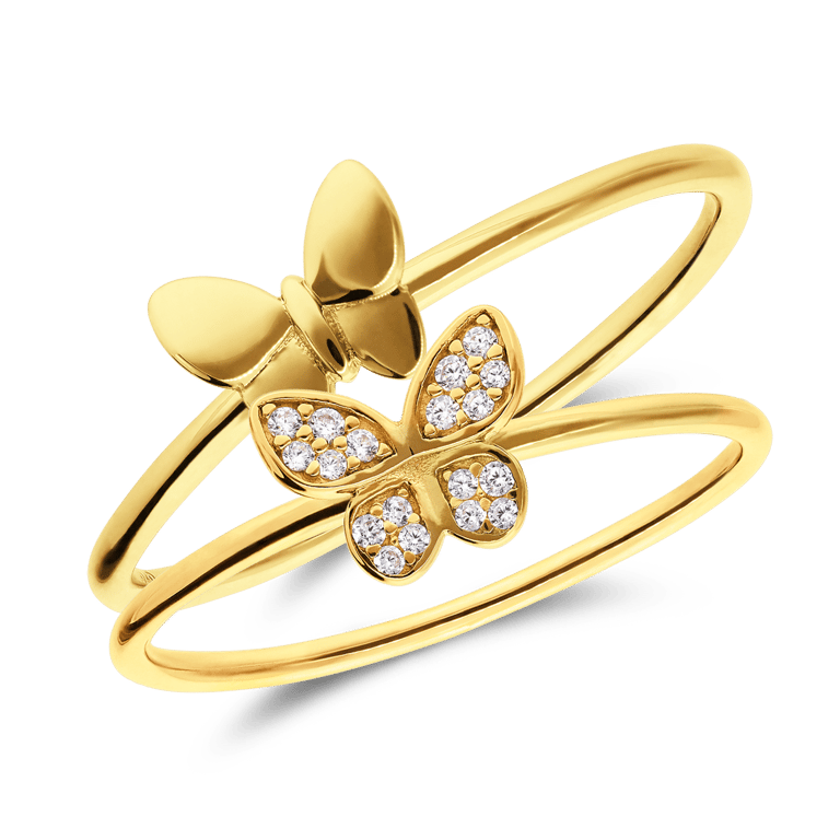 Ringset aus 925er Silber, vergoldet, Schmetterling, Zirkonia