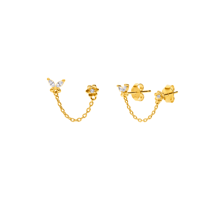 Zilveren goldplated oorknoppen dubbel vlinder met zirkonia voor dames