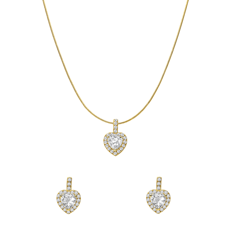 Zilveren goldplated set ketting en oorbellen hart