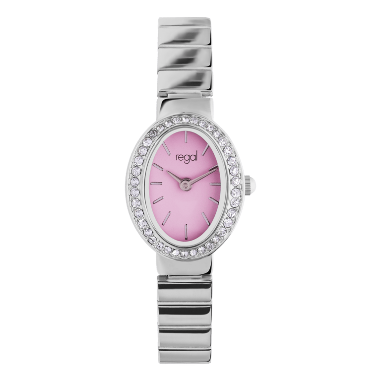 Regal Damen-Armbanduhr mit einem rosafarbenen, mit Zirkoniasteinen besetzten Zifferblatt.