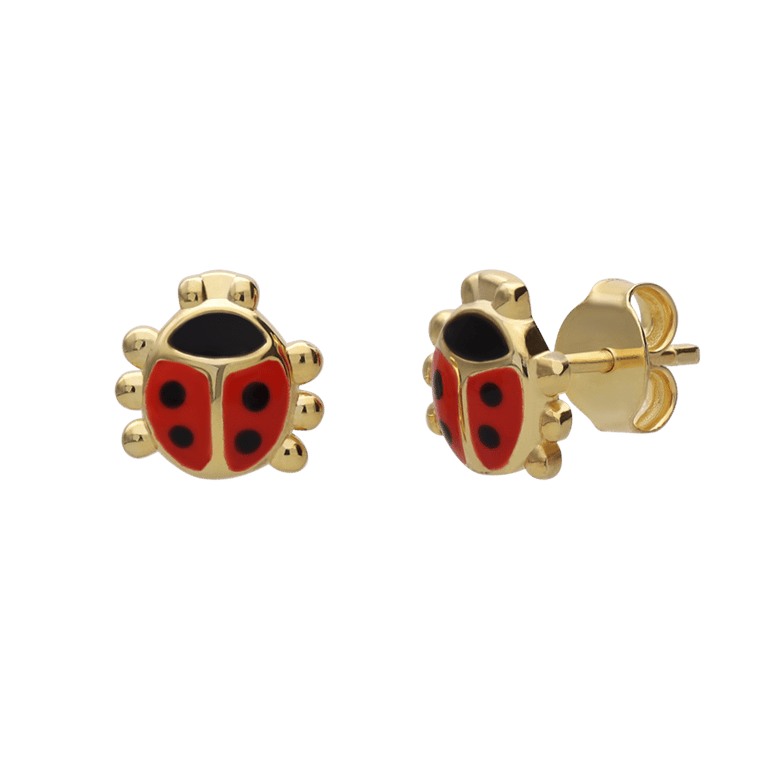 Zilveren goldplated kinderoorknoppen lieveheersbeestje met emaille 