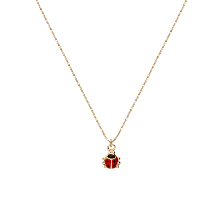 Zilveren goldplated kinderketting met hanger lieveheersbeestje met emaille 