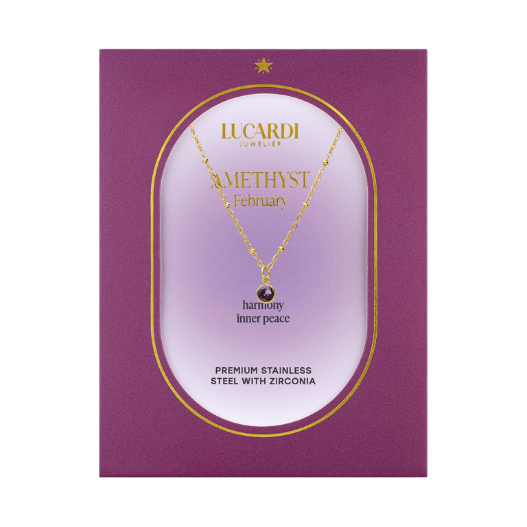 Stainless steel goldplated ketting met hanger geboortesteen Februari voor dames