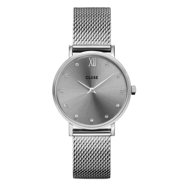 CLUSE – Uhr aus der Minuit-Kollektion mit silberfarbenem Mesh-Armband und Kristall