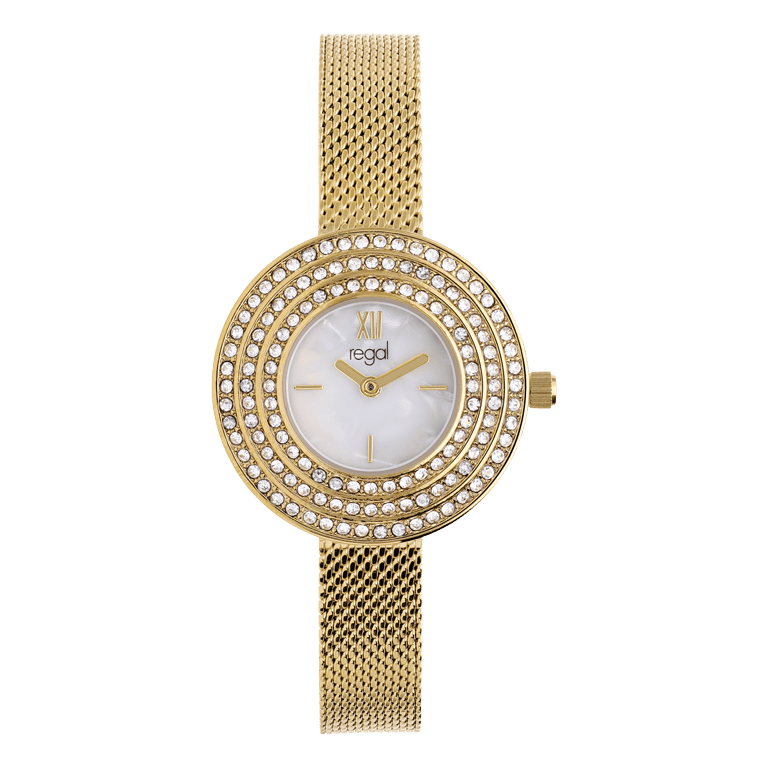 Regal Damen-Armbanduhr, goldfarben, dreireihiger Zirkoniabesatz
