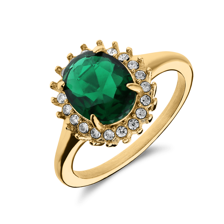 Stalen goldplated vintage ring met groen zirkonia