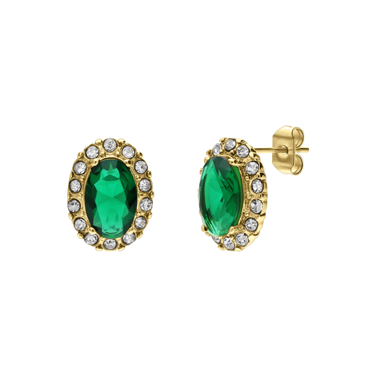 Stainless steel goldplated vintage oorknoppen met groen zirkonia