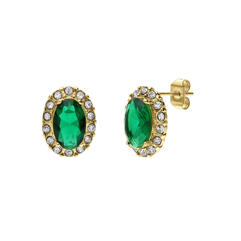 Stalen goldplated vintage oorknoppen met groen zirkonia