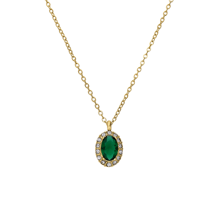 Stainless steel goldplated vintage ketting met groen zirkonia