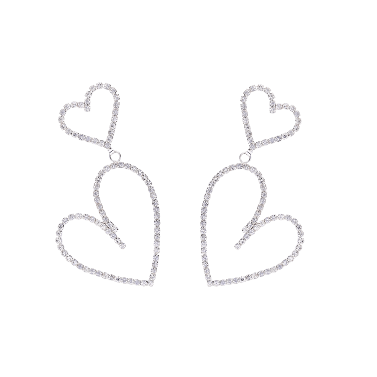 Bijoux zilverkleurige oorhangers hart met strass voor dames