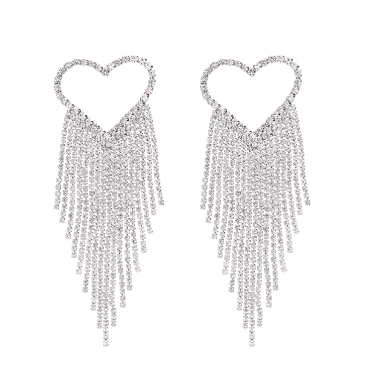 Zilverkleurige bijoux oorbellen hart met strass