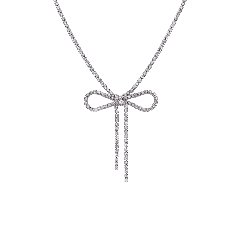 Zilverkleurige bijoux ketting strik met strass