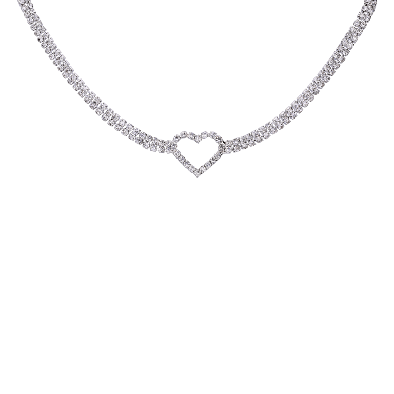 Zilverkleurige bijoux ketting hart met strass