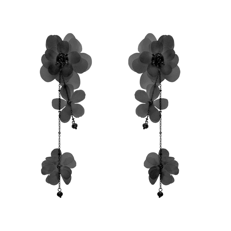 Bijoux zilverkleurige oorhangers met zwarte bloemen voor dames