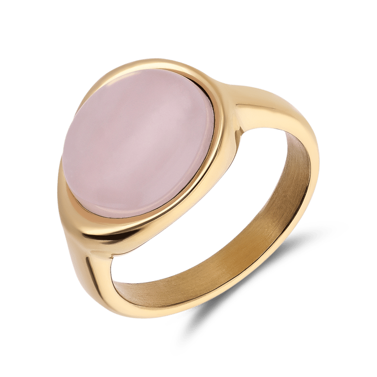 Stalen goldplated ring met rozenkwarts ovaal