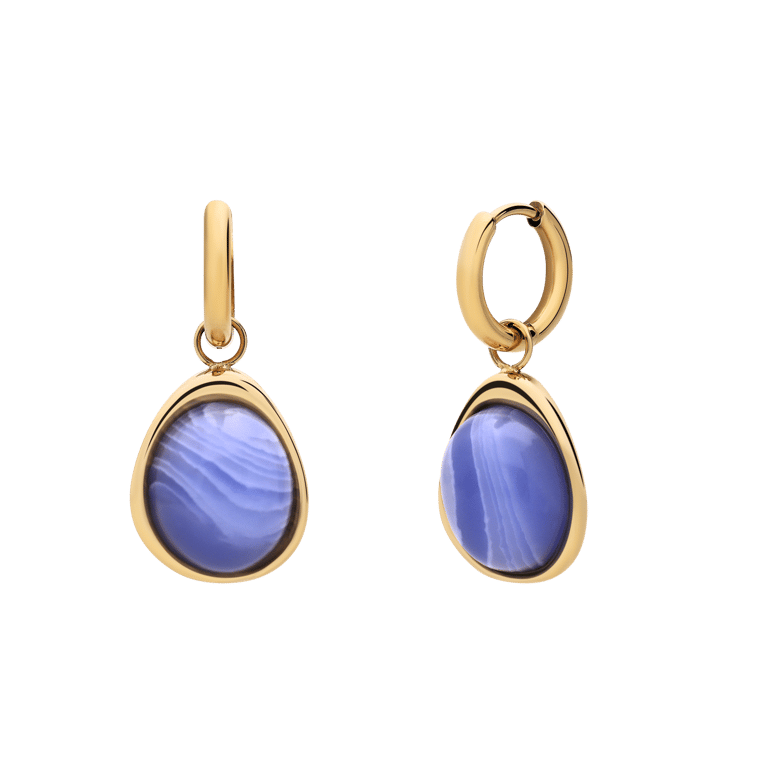 Stalen goldplated oorbellen met blue lace agaat ovaal