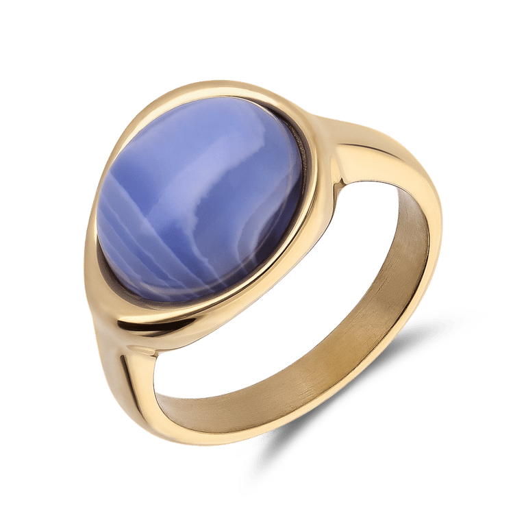 Stalen goldplated ring met blue lace agaat ovaal