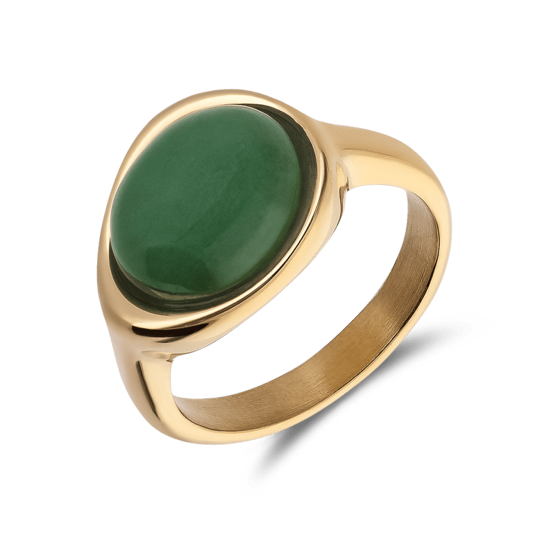 Stainless steel goldplated ring met groen aventurijn ovaal