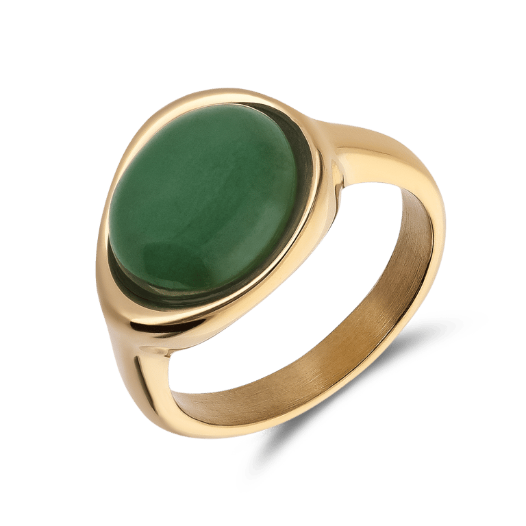 Stalen goldplated ring met groen aventurijn ovaal