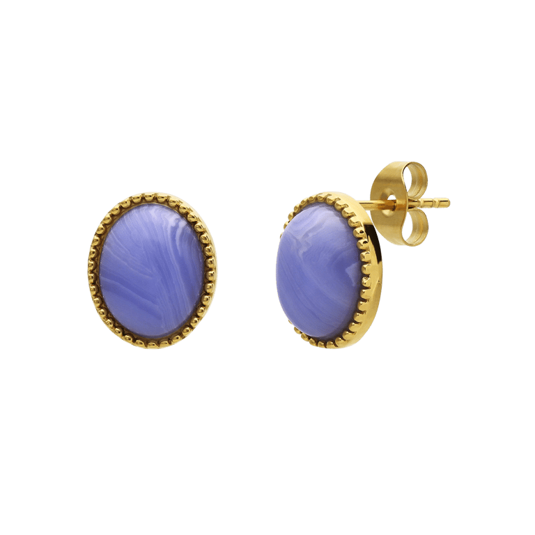 Stalen goldplated oorbellen met blue lace agaat