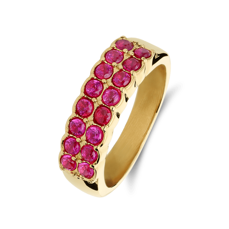 Stainless steel goldplated ring dubbel met rood zirkonia